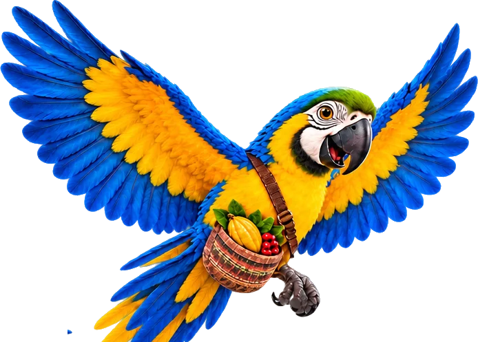 Brisa, guacamaya azul y amarilla, vuela con su bolso de cacao y café